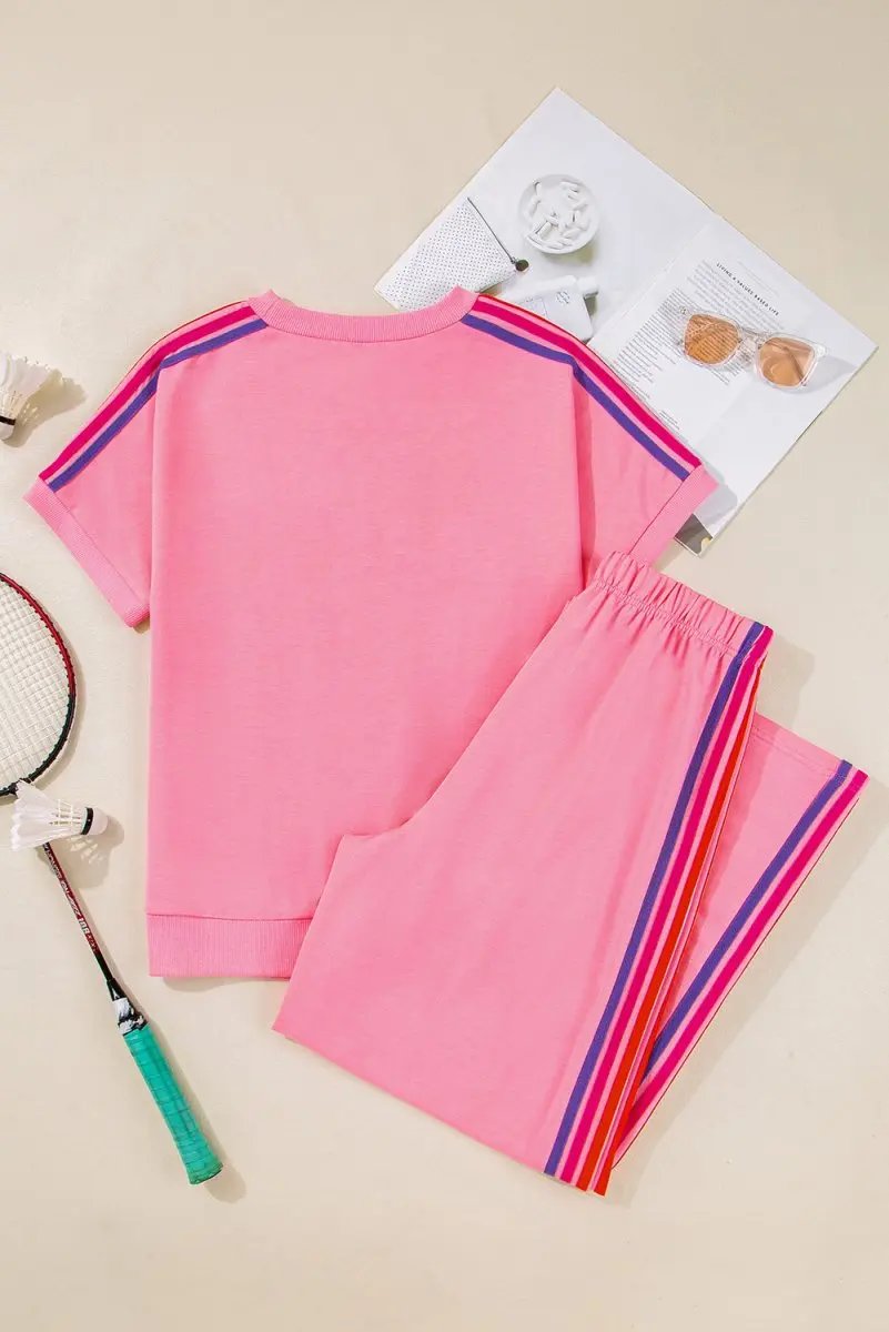 Bonbon Color Contrast Crewneck T Shirt and Wide Leg Pants Set - Love Salve